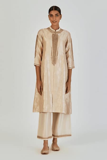 Lajjoo C Ivory Brocade Woven Marodi Mandarin Collar Razia Silk Floral Kurta With Pant 