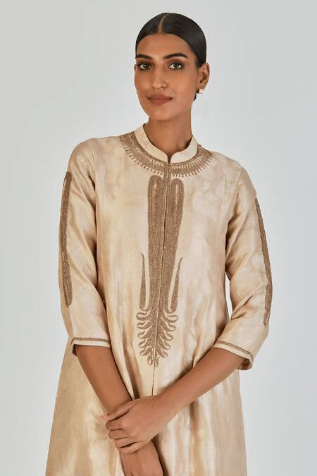 Shop_Lajjoo C_Ivory Brocade Woven Marodi Mandarin Collar Razia Silk Floral Kurta With Pant _Online_at_Aza_Fashions