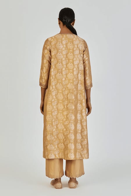Shop Lajjoo C Gold Brocade Woven Marodi Round Danika Floral Kurta With Pant at Aza Fashions Shop_Lajjoo C_Gold Brocade Woven Marodi Round Danika Floral Kurta With Pant _at_Aza_Fashions