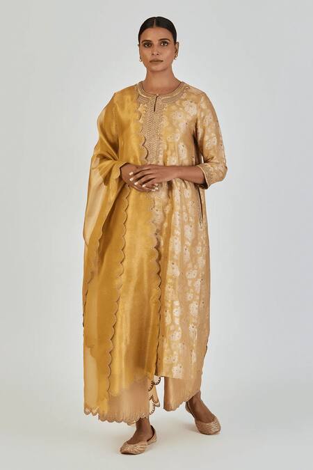 Buy Lajjoo C Gold Brocade Woven Marodi Round Danika Floral Kurta With Pant Online at Aza Fashions Buy_Lajjoo C_Gold Brocade Woven Marodi Round Danika Floral Kurta With Pant _Online_at_Aza_Fashions