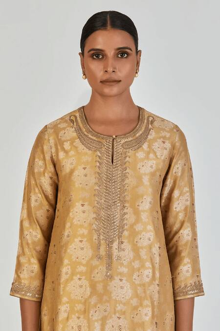 Shop Lajjoo C Gold Brocade Woven Marodi Round Danika Floral Kurta With Pant Online at Aza Fashions Shop_Lajjoo C_Gold Brocade Woven Marodi Round Danika Floral Kurta With Pant _Online_at_Aza_Fashions