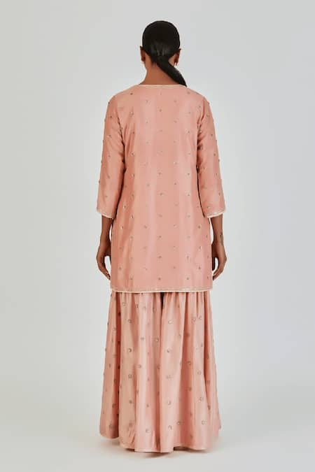Shop Lajjoo C Pink Silk Embroidered Marodi Round Mishana Kurta With Sharara at Aza Fashions Shop_Lajjoo C_Pink Silk Embroidered Marodi Round Mishana Kurta With Sharara _at_Aza_Fashions