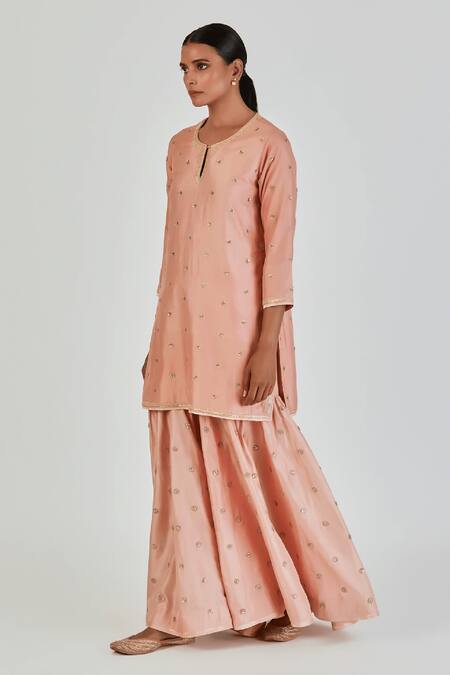 Lajjoo C Pink Silk Embroidered Marodi Round Mishana Kurta With Sharara Online at Aza Fashions Lajjoo C_Pink Silk Embroidered Marodi Round Mishana Kurta With Sharara _Online_at_Aza_Fashions