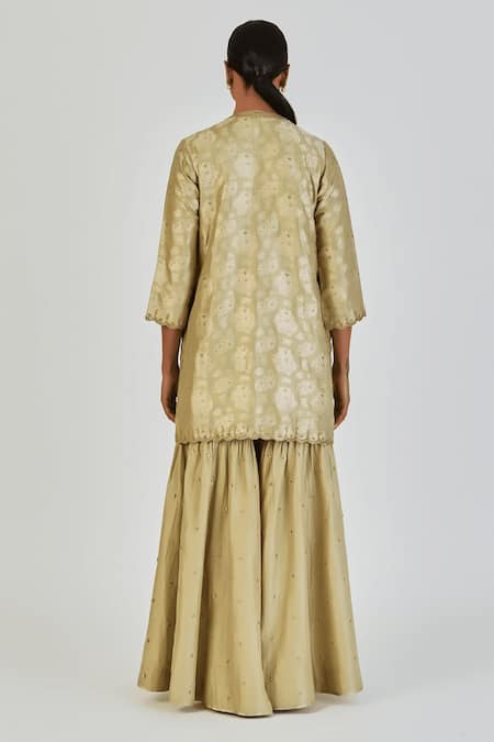 Shop Lajjoo C Green Brocade Woven Marodi V-neck Sureeli Floral Kurta With Sharara at Aza Fashions Shop_Lajjoo C_Green Brocade Woven Marodi V-neck Sureeli Floral Kurta With Sharara _at_Aza_Fashions