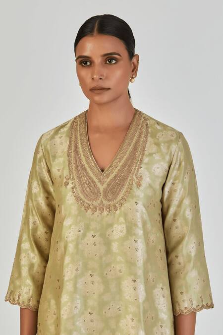 Buy Lajjoo C Green Brocade Woven Marodi V-neck Sureeli Floral Kurta With Sharara Online at Aza Fashions Buy_Lajjoo C_Green Brocade Woven Marodi V-neck Sureeli Floral Kurta With Sharara _Online_at_Aza_Fashions