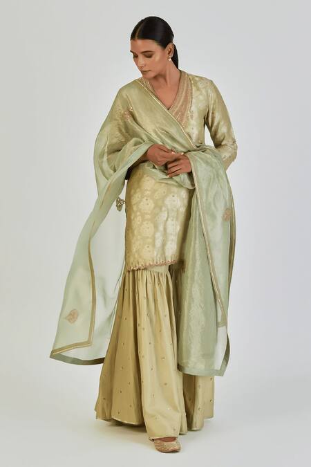 Shop Lajjoo C Green Brocade Woven Marodi V-neck Sureeli Floral Kurta With Sharara Online at Aza Fashions Shop_Lajjoo C_Green Brocade Woven Marodi V-neck Sureeli Floral Kurta With Sharara _Online_at_Aza_Fashions