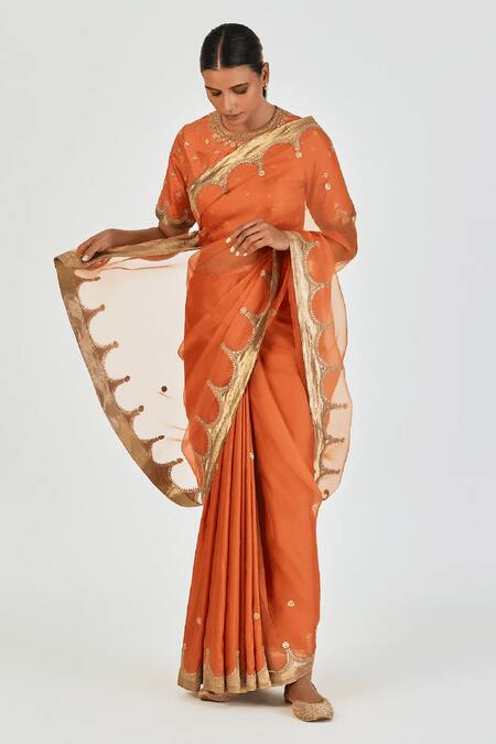 Lajjoo C_Orange Silk Embroidered Floral Round Niti Blouse _Online_at_Aza_Fashions