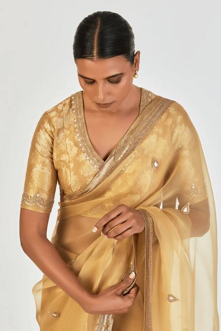 Lajjoo C Gold Silk Embroidered Marodi V Neck Urvashi Blouse Online at Aza Fashions Lajjoo C_Gold Silk Embroidered Marodi V Neck Urvashi Blouse _Online_at_Aza_Fashions