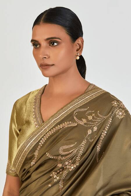 Lajjoo C_Green Brocade Embroidered Marodi V Neck Aradhee Blouse _Online_at_Aza_Fashions