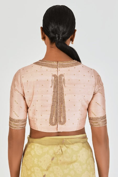 Shop Lajjoo C Pink Raw Silk Embroidered Marodi Round Antara Blouse at Aza Fashions Shop_Lajjoo C_Pink Raw Silk Embroidered Marodi Round Antara Blouse _at_Aza_Fashions