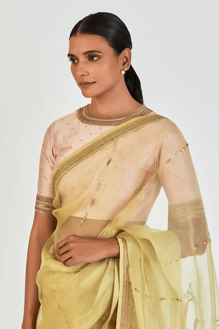 Lajjoo C Pink Raw Silk Embroidered Marodi Round Antara Blouse Online at Aza Fashions Lajjoo C_Pink Raw Silk Embroidered Marodi Round Antara Blouse _Online_at_Aza_Fashions