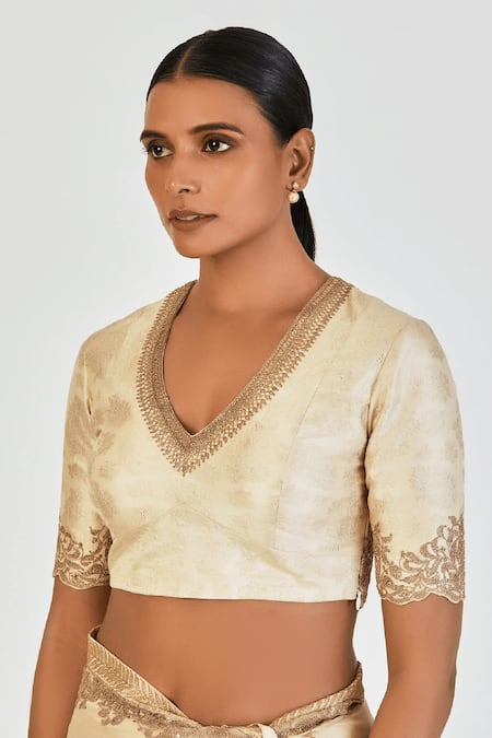 Shop Lajjoo C Ivory Brocade Embroidered Marodi V Neck Geetanjali Blouse at Aza Fashions Shop_Lajjoo C_Ivory Brocade Embroidered Marodi V Neck Geetanjali Blouse _at_Aza_Fashions
