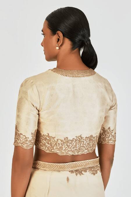 Lajjoo C Ivory Brocade Embroidered Marodi V Neck Geetanjali Blouse Online at Aza Fashions Lajjoo C_Ivory Brocade Embroidered Marodi V Neck Geetanjali Blouse _Online_at_Aza_Fashions
