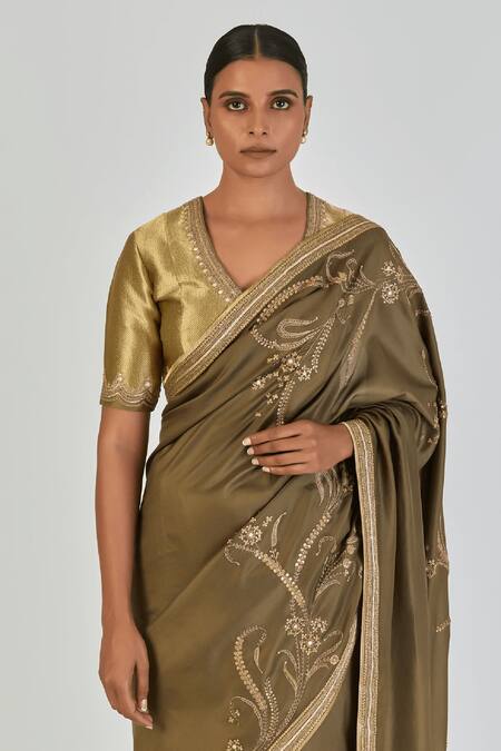 Lajjoo C_Green Silk Embroidered Marodi Nikita Saree _Online_at_Aza_Fashions