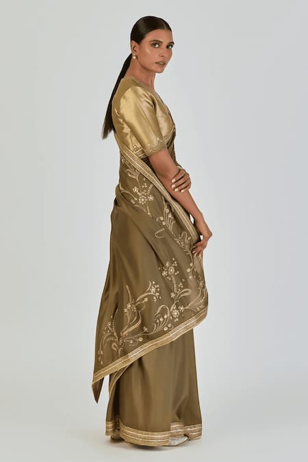 Buy_Lajjoo C_Green Silk Embroidered Marodi Nikita Saree _Online_at_Aza_Fashions