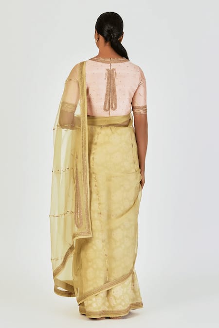 Shop Lajjoo C Green Organza Embroidered Marodi Mehak Saree at Aza Fashions Shop_Lajjoo C_Green Organza Embroidered Marodi Mehak Saree _at_Aza_Fashions