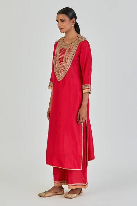 Buy Lajjoo C Red Silk Embroidery Marodi Round Aiza Floral Arch Yoke Kurta With Palazzo Online at Aza Fashions Buy_Lajjoo C_Red Silk Embroidery Marodi Round Aiza Floral Arch Yoke Kurta With Palazzo _Online_at_Aza_Fashions