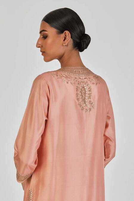Buy Lajjoo C Pink Silk Embroidery Marodi U Neck Lubena Blossom Vine Kurta With Palazzo Online at Aza Fashions Buy_Lajjoo C_Pink Silk Embroidery Marodi U Neck Lubena Blossom Vine Kurta With Palazzo _Online_at_Aza_Fashions