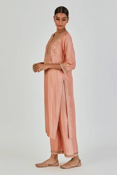 Shop Lajjoo C Pink Silk Embroidery Marodi U Neck Lubena Blossom Vine Kurta With Palazzo Online at Aza Fashions Shop_Lajjoo C_Pink Silk Embroidery Marodi U Neck Lubena Blossom Vine Kurta With Palazzo _Online_at_Aza_Fashions