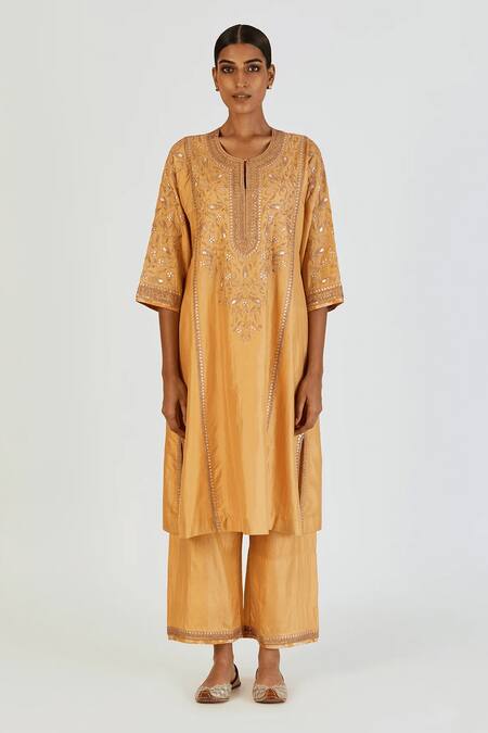 Lajjoo C Gold Silk Embroidery Marodi U Neck Ronak Gul Vine Kurta With Palazzo 