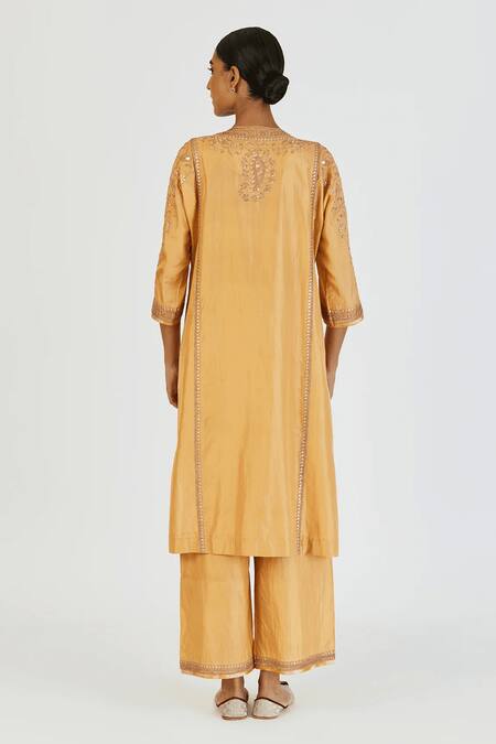 Shop Lajjoo C Gold Silk Embroidery Marodi U Neck Ronak Gul Vine Kurta With Palazzo at Aza Fashions Shop_Lajjoo C_Gold Silk Embroidery Marodi U Neck Ronak Gul Vine Kurta With Palazzo _at_Aza_Fashions