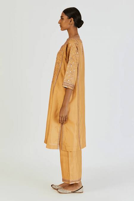 Shop Lajjoo C Gold Silk Embroidery Marodi U Neck Ronak Gul Vine Kurta With Palazzo Online at Aza Fashions Shop_Lajjoo C_Gold Silk Embroidery Marodi U Neck Ronak Gul Vine Kurta With Palazzo _Online_at_Aza_Fashions