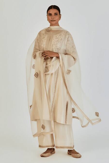 Shop Lajjoo C Ivory Silk Embroidery Marodi U Neck Ronak Gullista Vine Kurta With Palazzo Online at Aza Fashions Shop_Lajjoo C_Ivory Silk Embroidery Marodi U Neck Ronak Gullista Vine Kurta With Palazzo _Online_at_Aza_Fashions