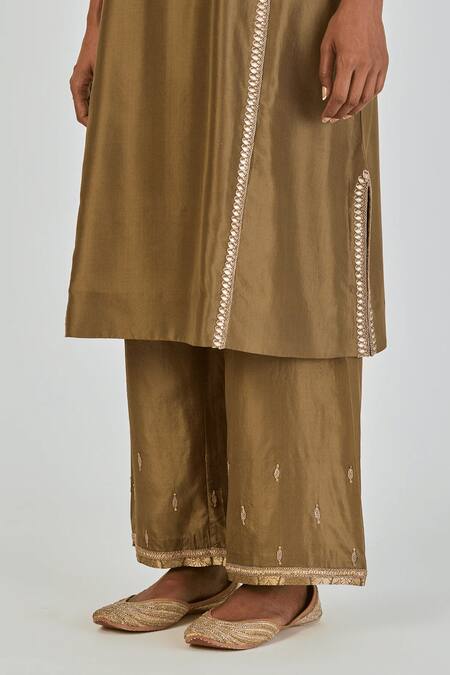 Buy Lajjoo C Green Silk Embroidery Marodi U Neck Ronak Bahar Vine Kurta With Palazzo Buy_Lajjoo C_Green Silk Embroidery Marodi U Neck Ronak Bahar Vine Kurta With Palazzo