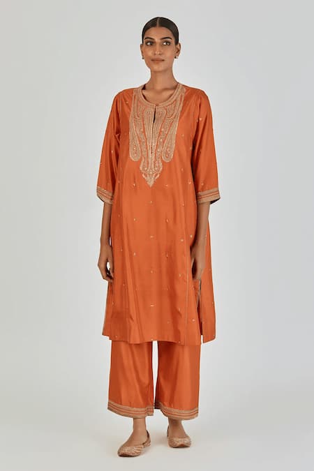 Lajjoo C Orange Silk Embroidery Marodi U Neck Dipty Boteh Kurta With Palazzo 