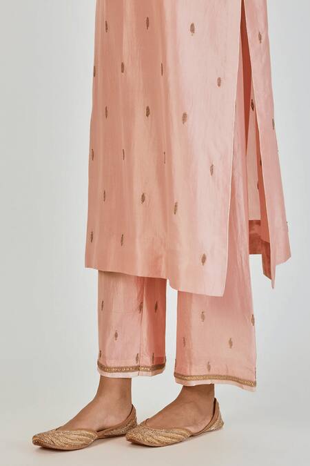 Lajjoo C_Pink Silk Embroidery Marodi U Neck Shirsha Creeper Kurta With Palazzo _Online_at_Aza_Fashions