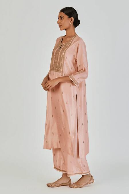 Shop_Lajjoo C_Pink Silk Embroidery Marodi U Neck Shirsha Creeper Kurta With Palazzo _Online_at_Aza_Fashions