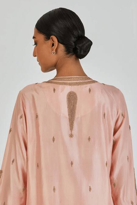 Lajjoo C_Pink Silk Embroidery Marodi U Neck Shirsha Creeper Kurta With Palazzo _at_Aza_Fashions