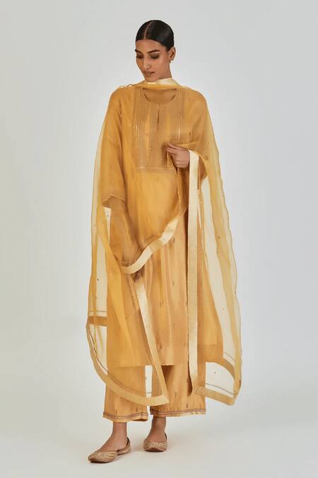 Lajjoo C_Gold Silk Embroidery Marodi U Neck Shrisha Tendril Kurta With Palazzo _Online_at_Aza_Fashions