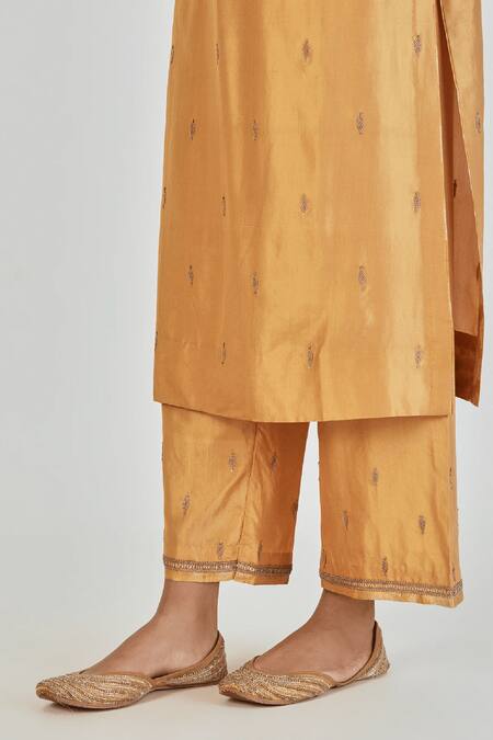 Shop_Lajjoo C_Gold Silk Embroidery Marodi U Neck Shrisha Tendril Kurta With Palazzo _Online_at_Aza_Fashions