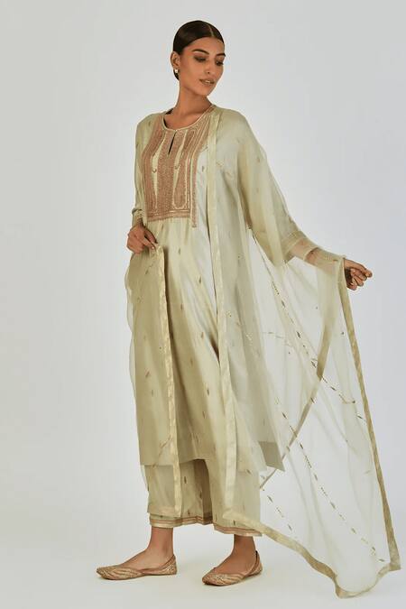 Shop_Lajjoo C_Green Silk Embroidery Marodi U Neck Shrisha Branchlet Vine Kurta With Palazzo _Online_at_Aza_Fashions
