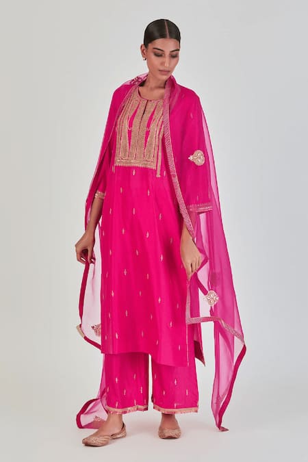 Lajjoo C_Pink Silk Embroidery Round Neck Shrisha Ornate Vine Kurta With Palazzo _Online_at_Aza_Fashions