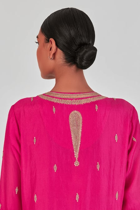 Shop_Lajjoo C_Pink Silk Embroidery Round Neck Shrisha Ornate Vine Kurta With Palazzo _Online_at_Aza_Fashions