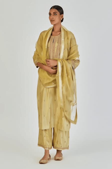 Lajjoo C_Green Silk Embroidery Marodi U Neck Shrisha Twiner Vine Kurta With Palazzo _Online_at_Aza_Fashions