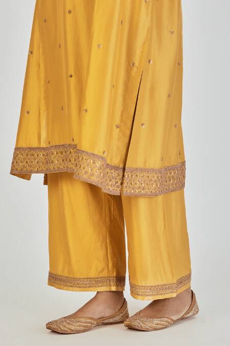 Shop_Lajjoo C_Yellow Silk Embroidery Marodi V Neck Barkha Ivy Fleur Kurta With Palazzo _Online_at_Aza_Fashions