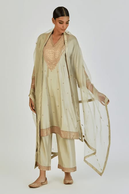 Shop_Lajjoo C_Green Silk Embroidery Marodi V Neck Barkha Gul Kurta With Palazzo _Online_at_Aza_Fashions