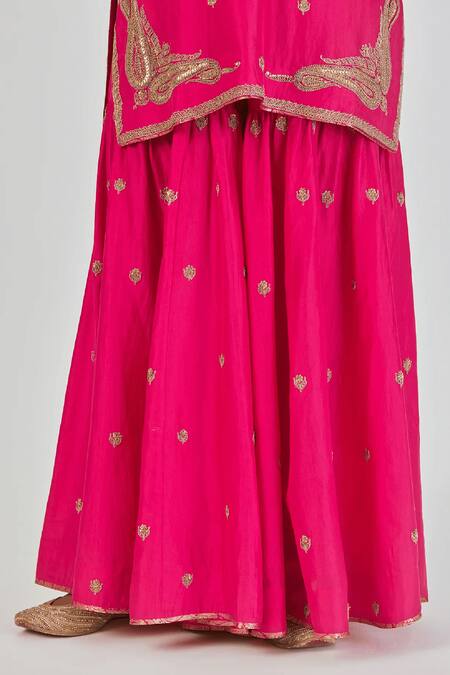 Shop_Lajjoo C_Pink Silk Embroidery Marodi Round Adiya Wildflora Kurta With Palazzo _Online_at_Aza_Fashions