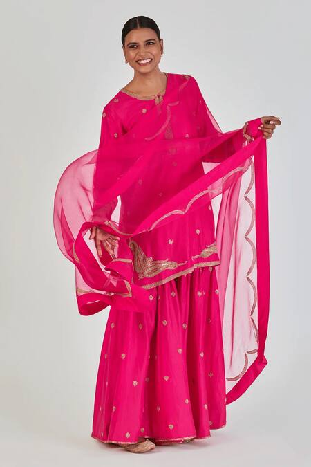 Lajjoo C_Pink Silk Embroidery Marodi Round Adiya Wildflora Kurta With Palazzo _at_Aza_Fashions