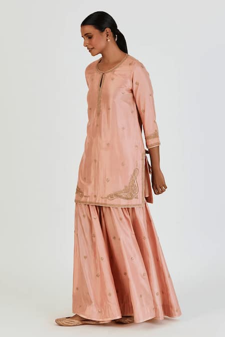 Lajjoo C Pink Silk Embroidery Marodi Round Adiya Wild Bloom Kurta With Palazzo 