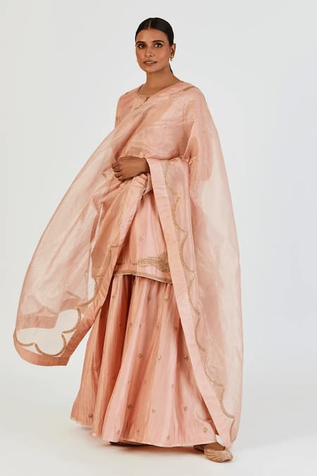 Lajjoo C_Pink Silk Embroidery Marodi Round Adiya Wild Bloom Kurta With Palazzo _Online_at_Aza_Fashions