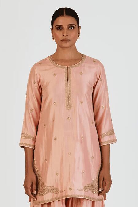 Buy_Lajjoo C_Pink Silk Embroidery Marodi Round Adiya Wild Bloom Kurta With Palazzo _Online_at_Aza_Fashions