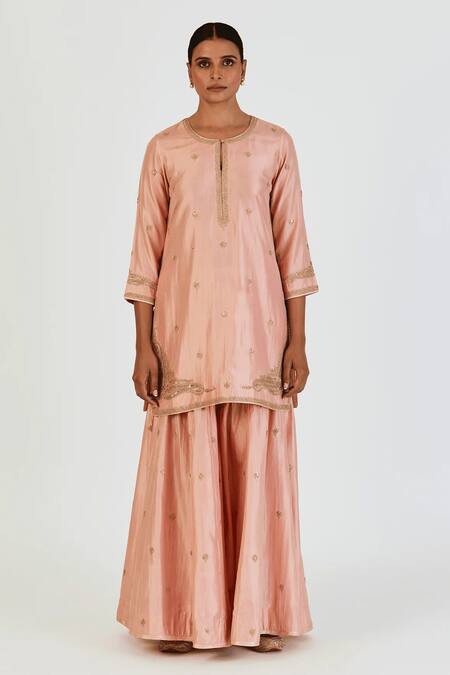 Shop_Lajjoo C_Pink Silk Embroidery Marodi Round Adiya Wild Bloom Kurta With Palazzo _Online_at_Aza_Fashions