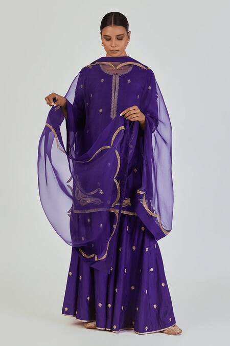 Buy_Lajjoo C_Purple Silk Embroidery Marodi Round Adiya Wild Flower Kurta With Palazzo _Online_at_Aza_Fashions