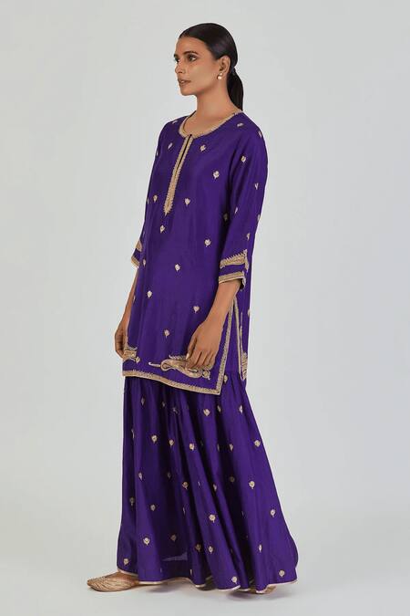 Shop_Lajjoo C_Purple Silk Embroidery Marodi Round Adiya Wild Flower Kurta With Palazzo _Online_at_Aza_Fashions