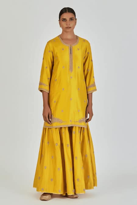 Lajjoo C Gold Silk Embroidery Marodi Round Adiya Floret Kurta With Palazzo 