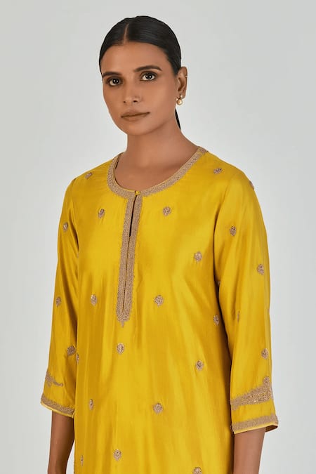 Shop_Lajjoo C_Gold Silk Embroidery Marodi Round Adiya Floret Kurta With Palazzo _Online_at_Aza_Fashions